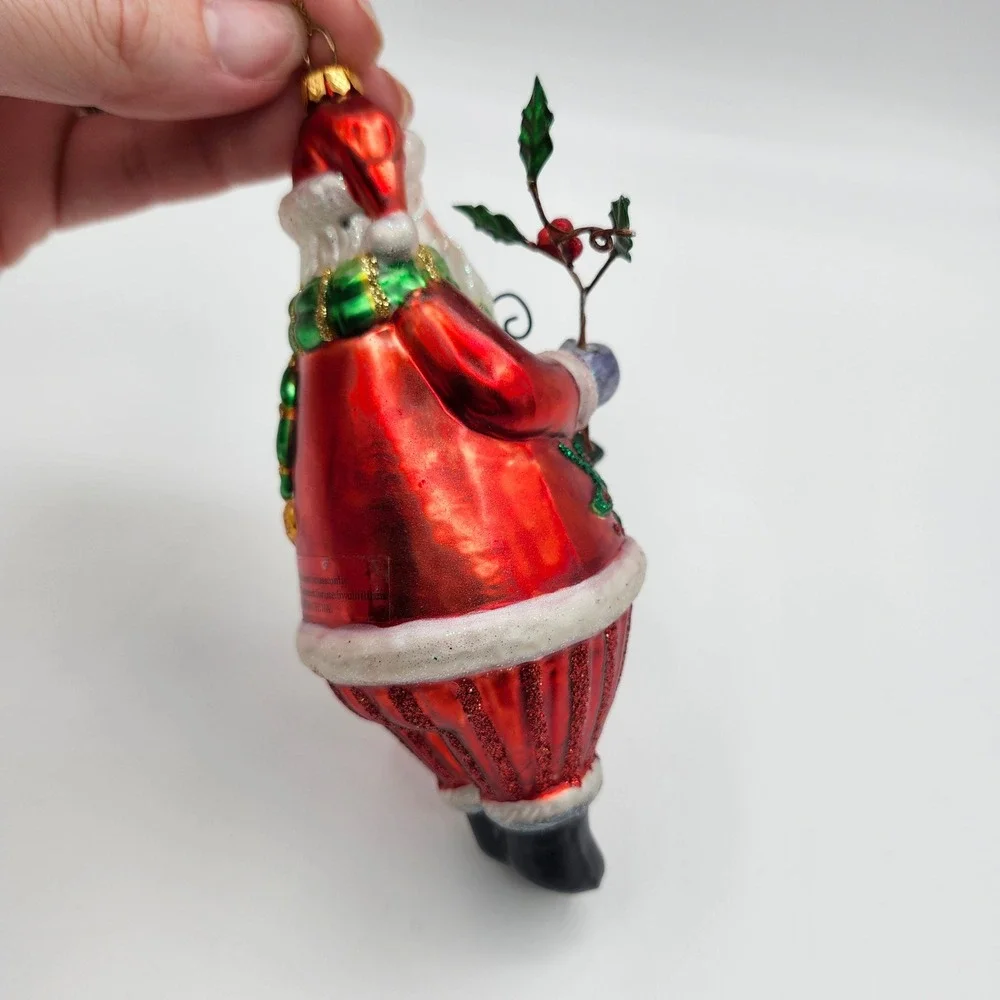 Santa with‎ Birdhouse & Holly Blown Glass Christmas Ornament Red Green Glitter